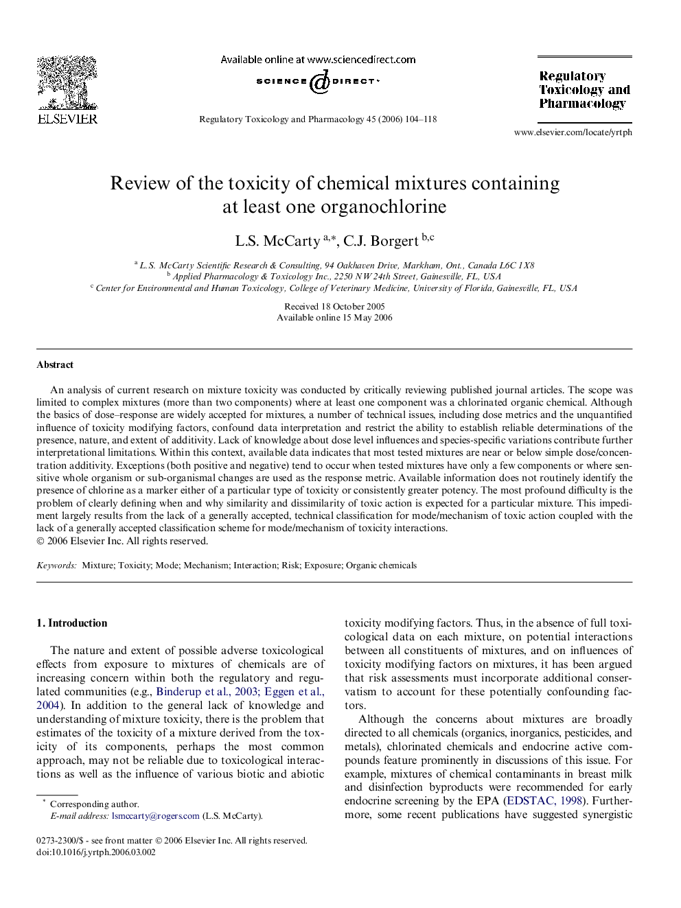 Review of the toxicity of chemical mixtures containing at least one organochlorine