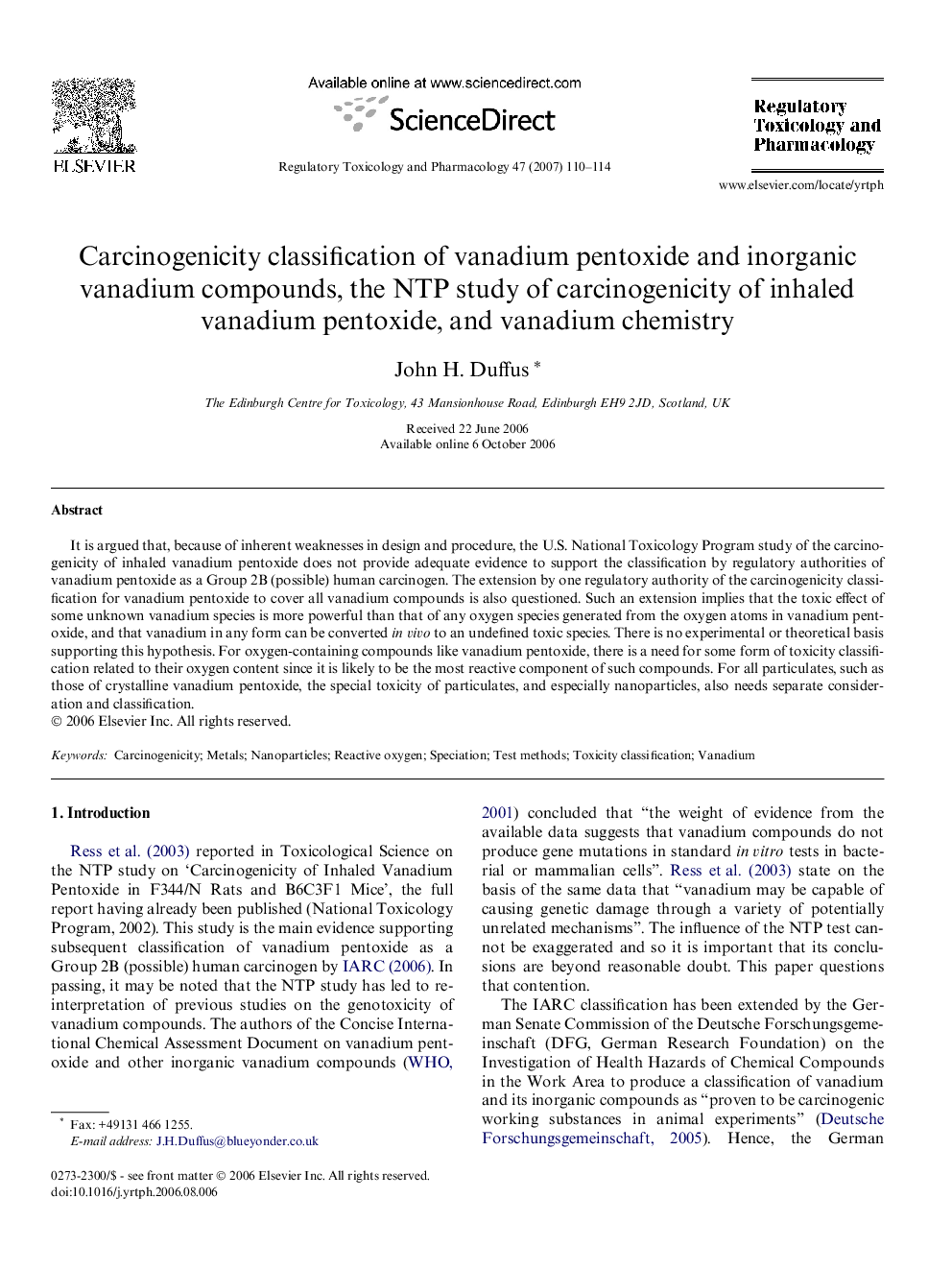 Carcinogenicity classification of vanadium pentoxide and inorganic vanadium compounds, the NTP study of carcinogenicity of inhaled vanadium pentoxide, and vanadium chemistry