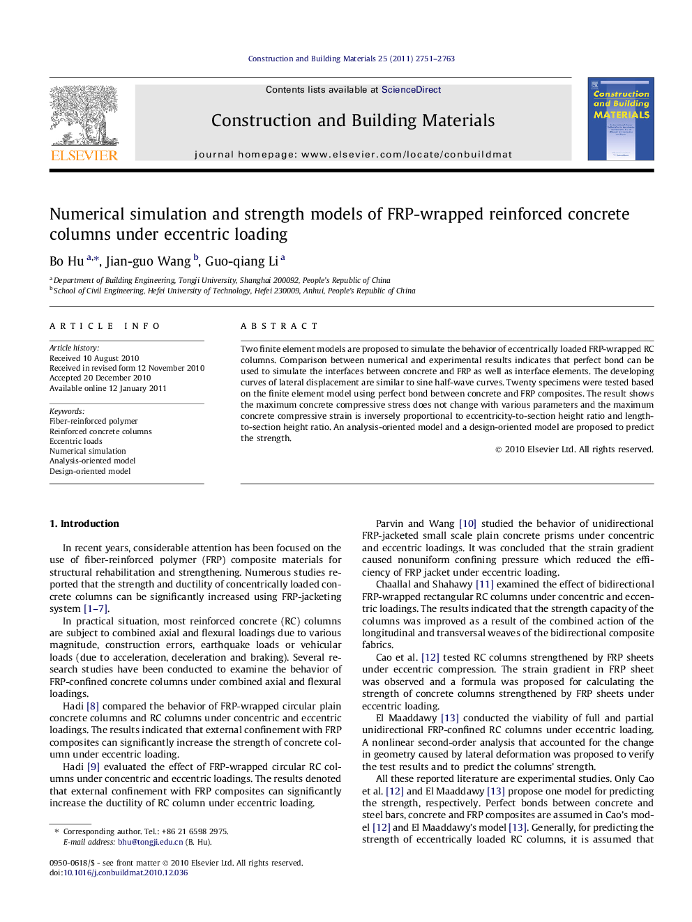 Numerical simulation and strength models of FRP-wrapped reinforced concrete columns under eccentric loading