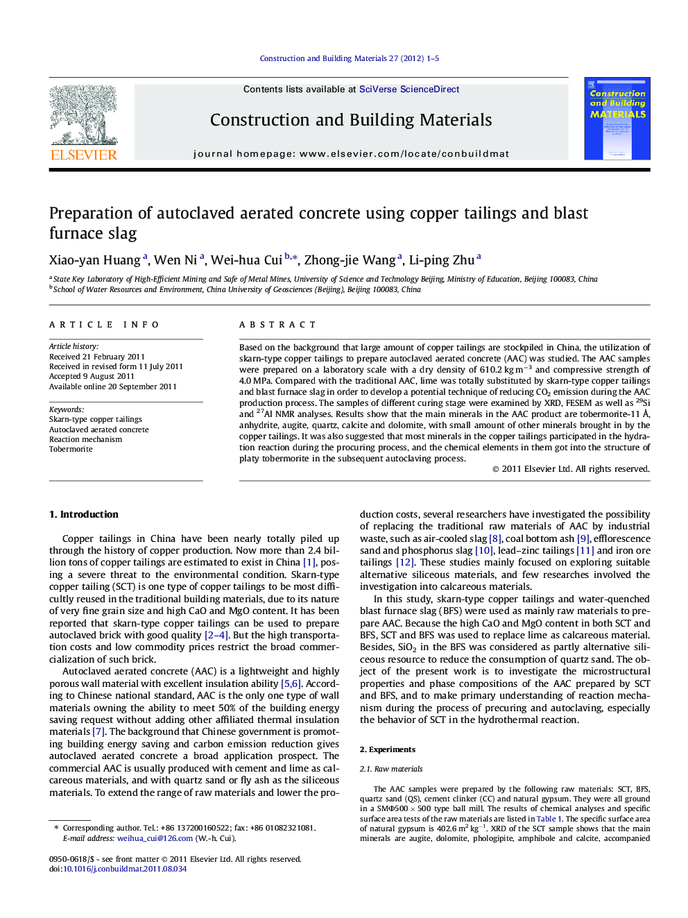 Preparation of autoclaved aerated concrete using copper tailings and blast furnace slag