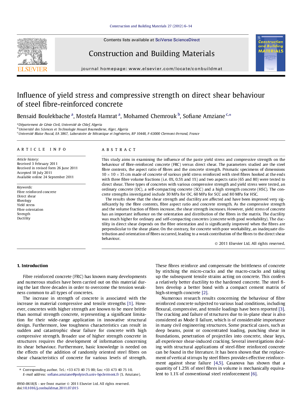 Influence of yield stress and compressive strength on direct shear behaviour of steel fibre-reinforced concrete