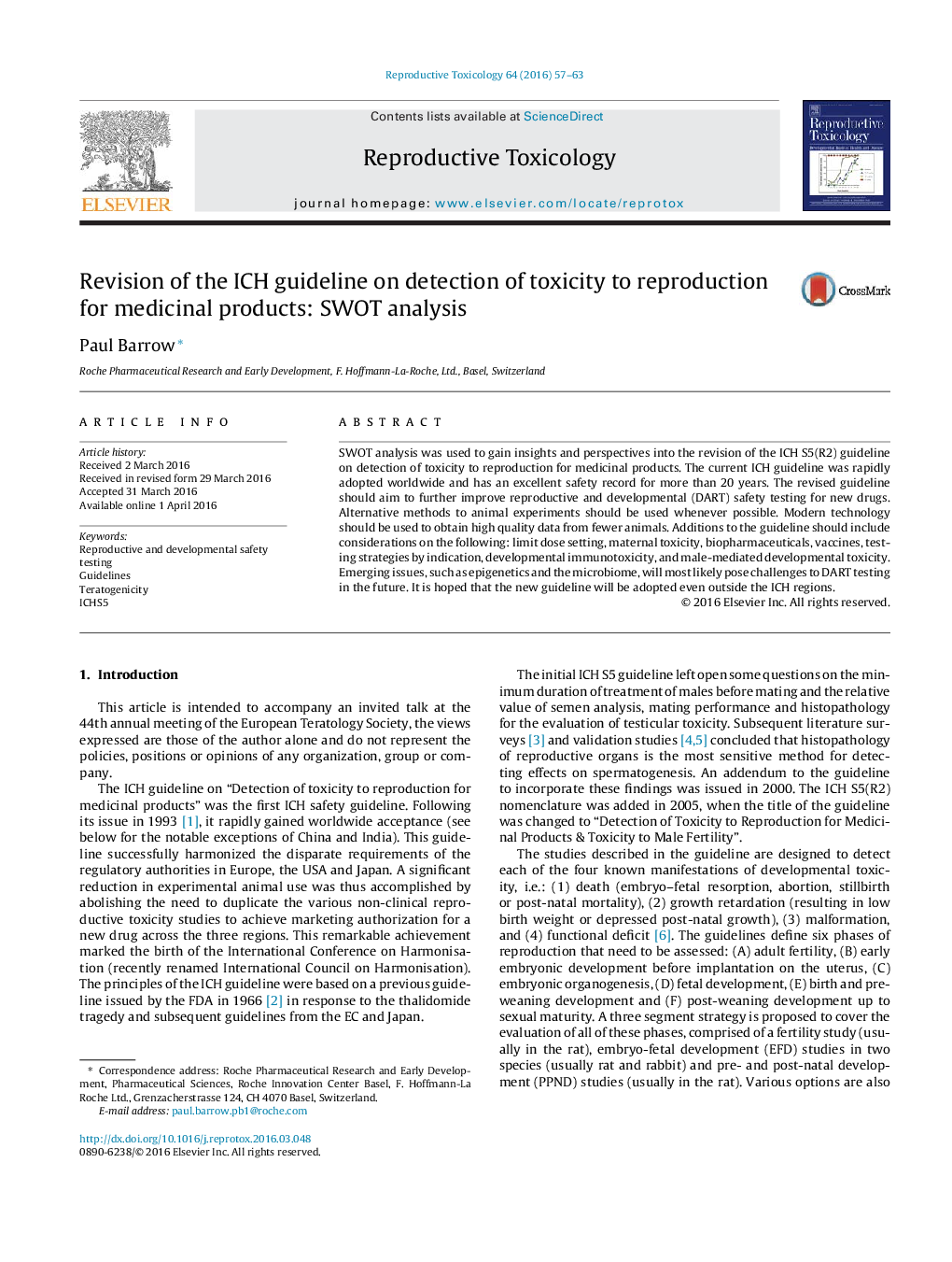 Revision of the ICH guideline on detection of toxicity to reproduction for medicinal products: SWOT analysis