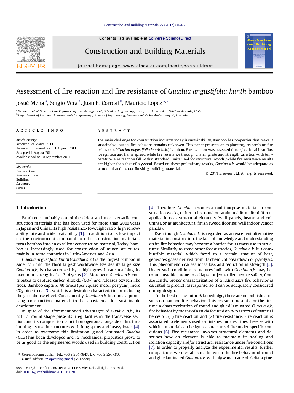 Assessment of fire reaction and fire resistance of Guadua angustifolia kunth bamboo