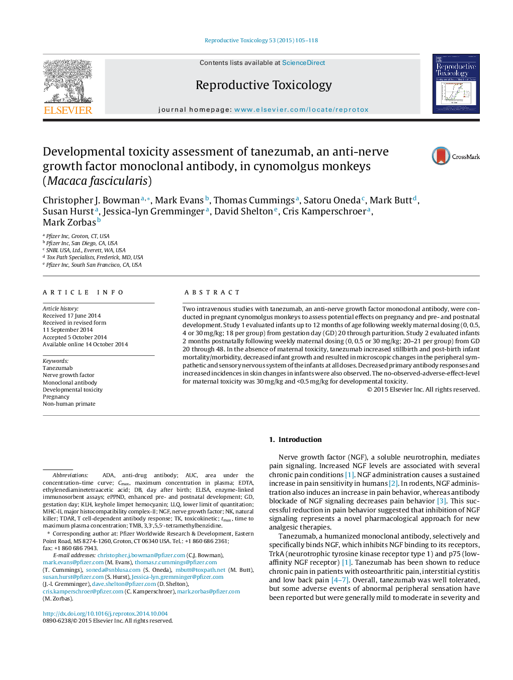 Developmental toxicity assessment of tanezumab, an anti-nerve growth factor monoclonal antibody, in cynomolgus monkeys (Macaca fascicularis)