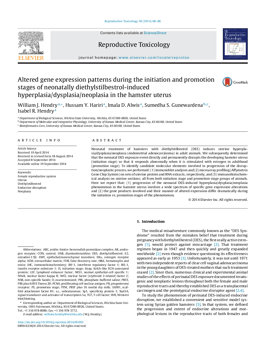 Altered gene expression patterns during the initiation and promotion stages of neonatally diethylstilbestrol-induced hyperplasia/dysplasia/neoplasia in the hamster uterus