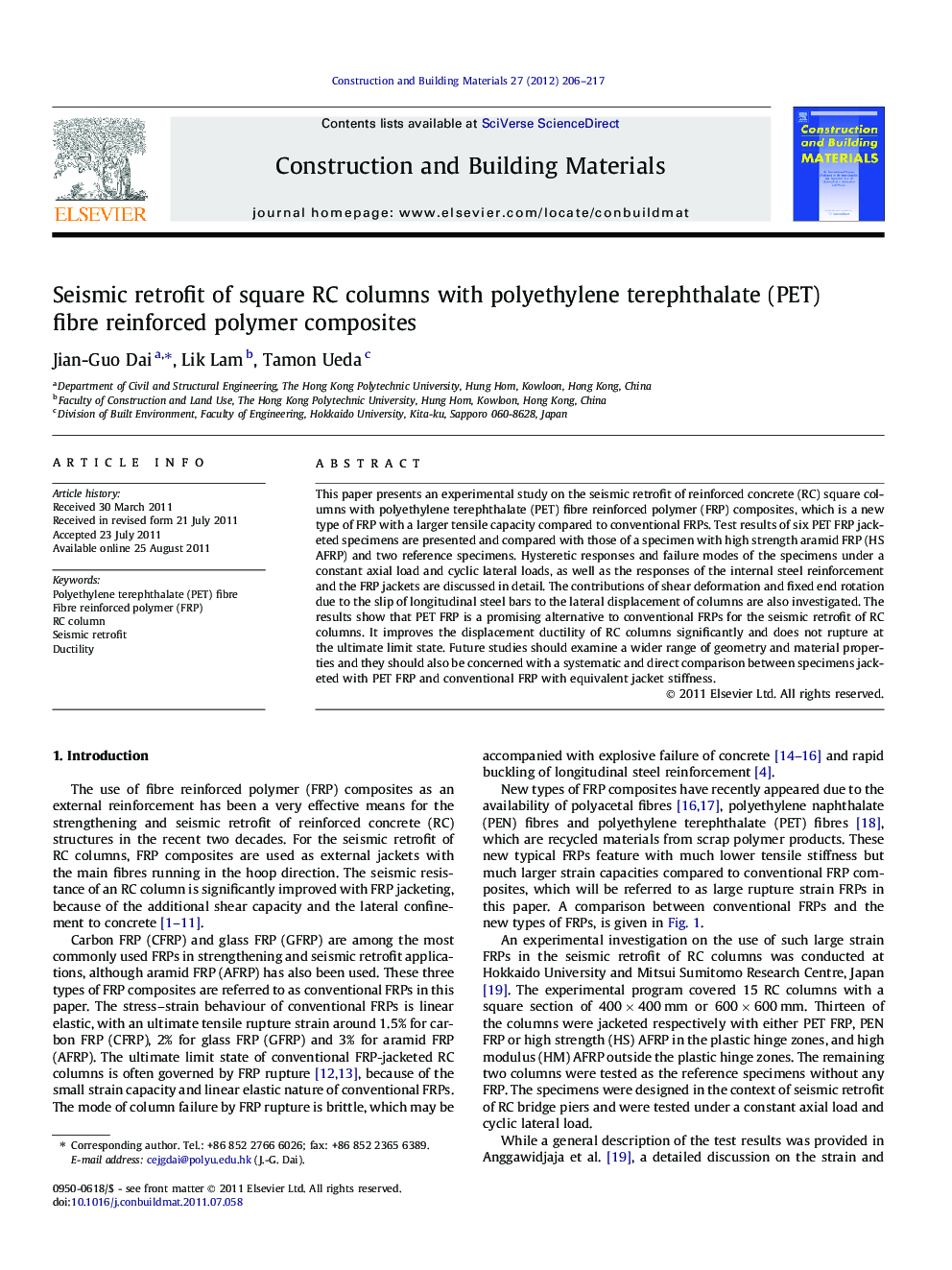 Seismic retrofit of square RC columns with polyethylene terephthalate (PET) fibre reinforced polymer composites