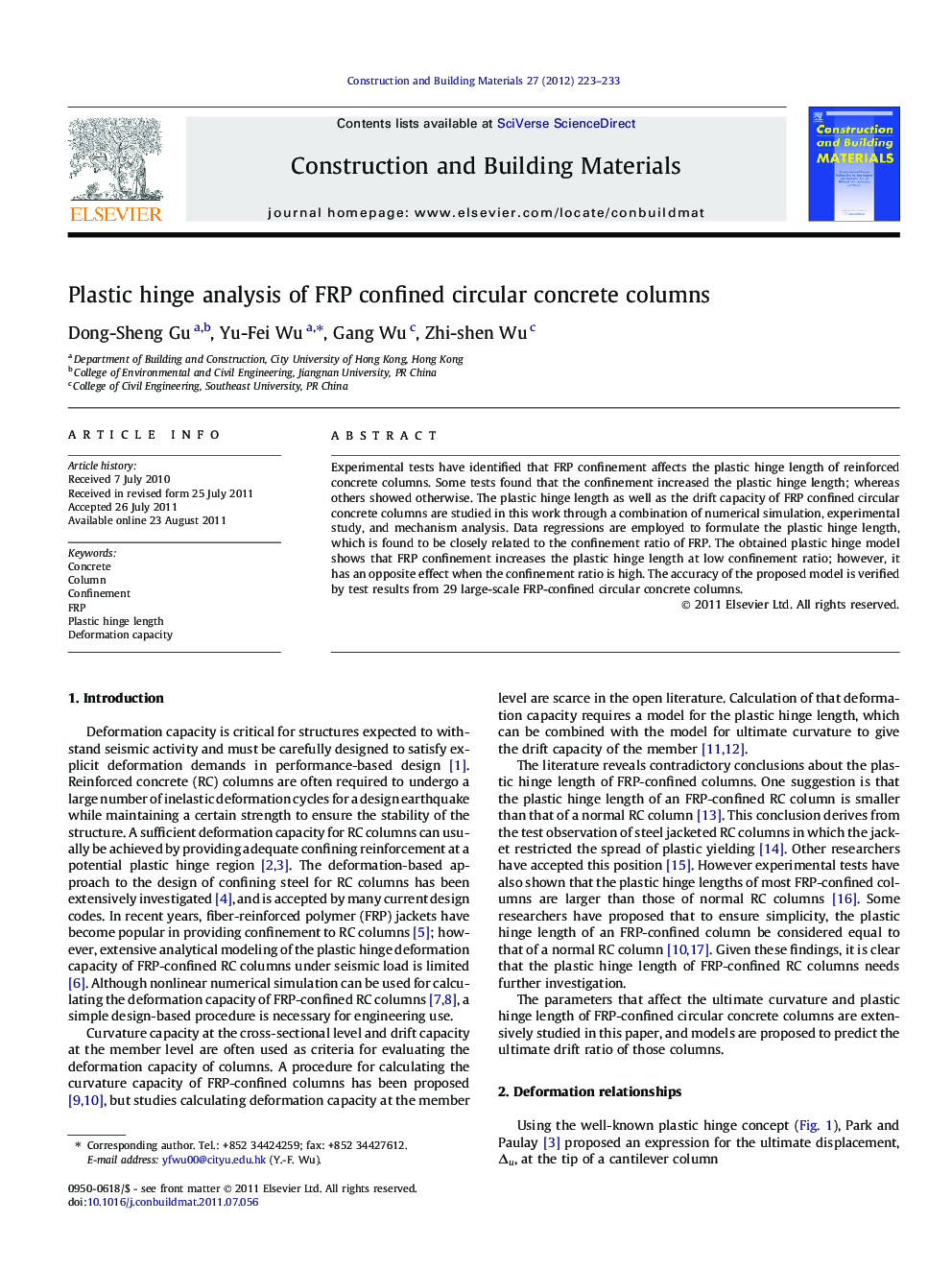 Plastic hinge analysis of FRP confined circular concrete columns