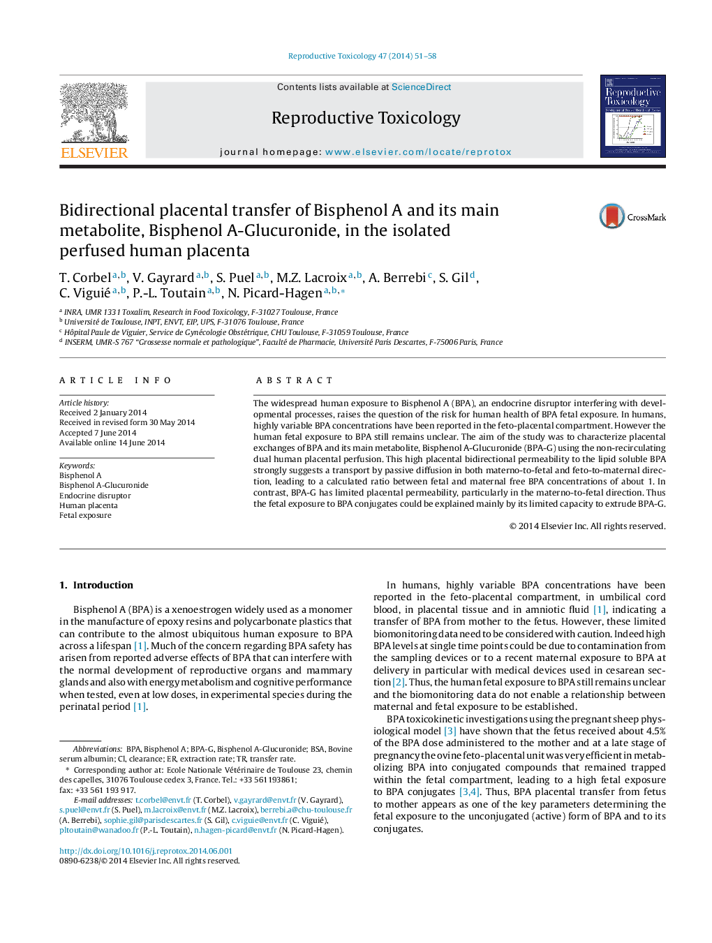 Bidirectional placental transfer of Bisphenol A and its main metabolite, Bisphenol A-Glucuronide, in the isolated perfused human placenta