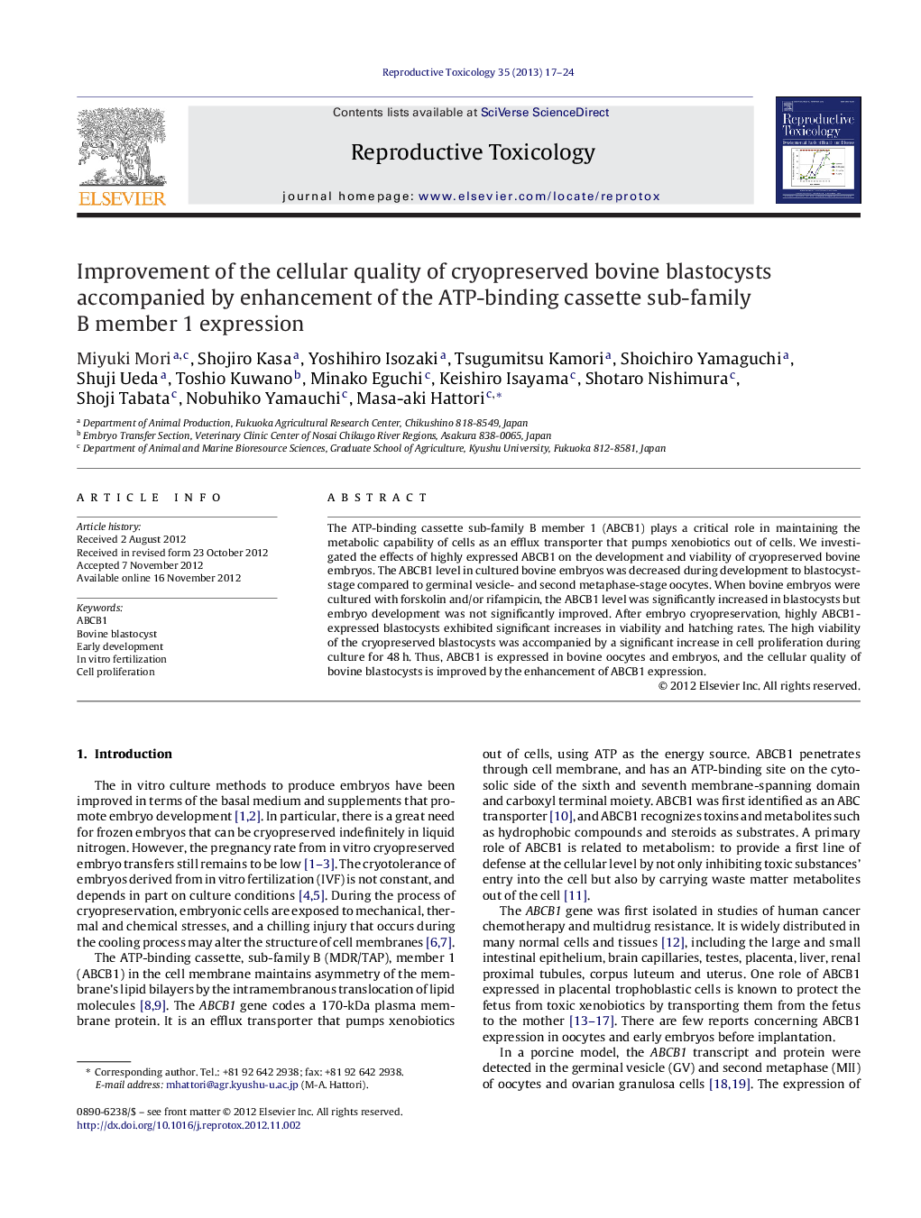 Improvement of the cellular quality of cryopreserved bovine blastocysts accompanied by enhancement of the ATP-binding cassette sub-family B member 1 expression