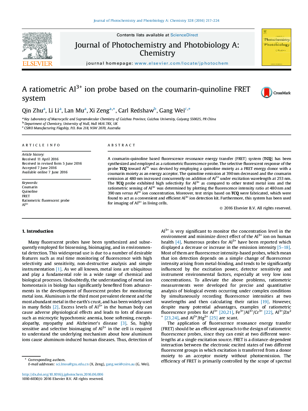 A ratiometric Al3+ ion probe based on the coumarin-quinoline FRET system