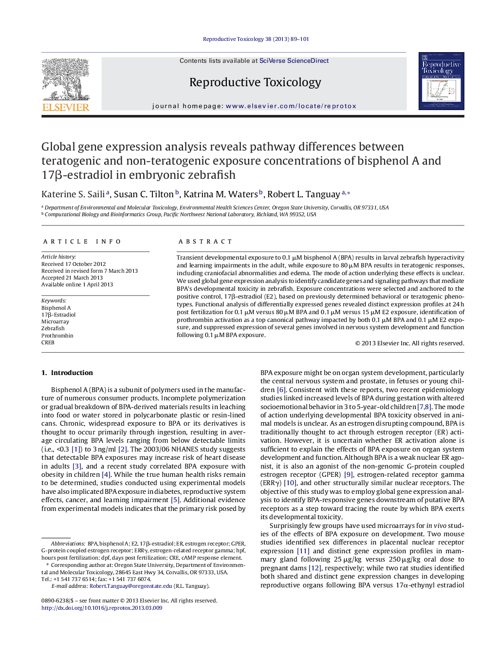 Global gene expression analysis reveals pathway differences between teratogenic and non-teratogenic exposure concentrations of bisphenol A and 17β-estradiol in embryonic zebrafish