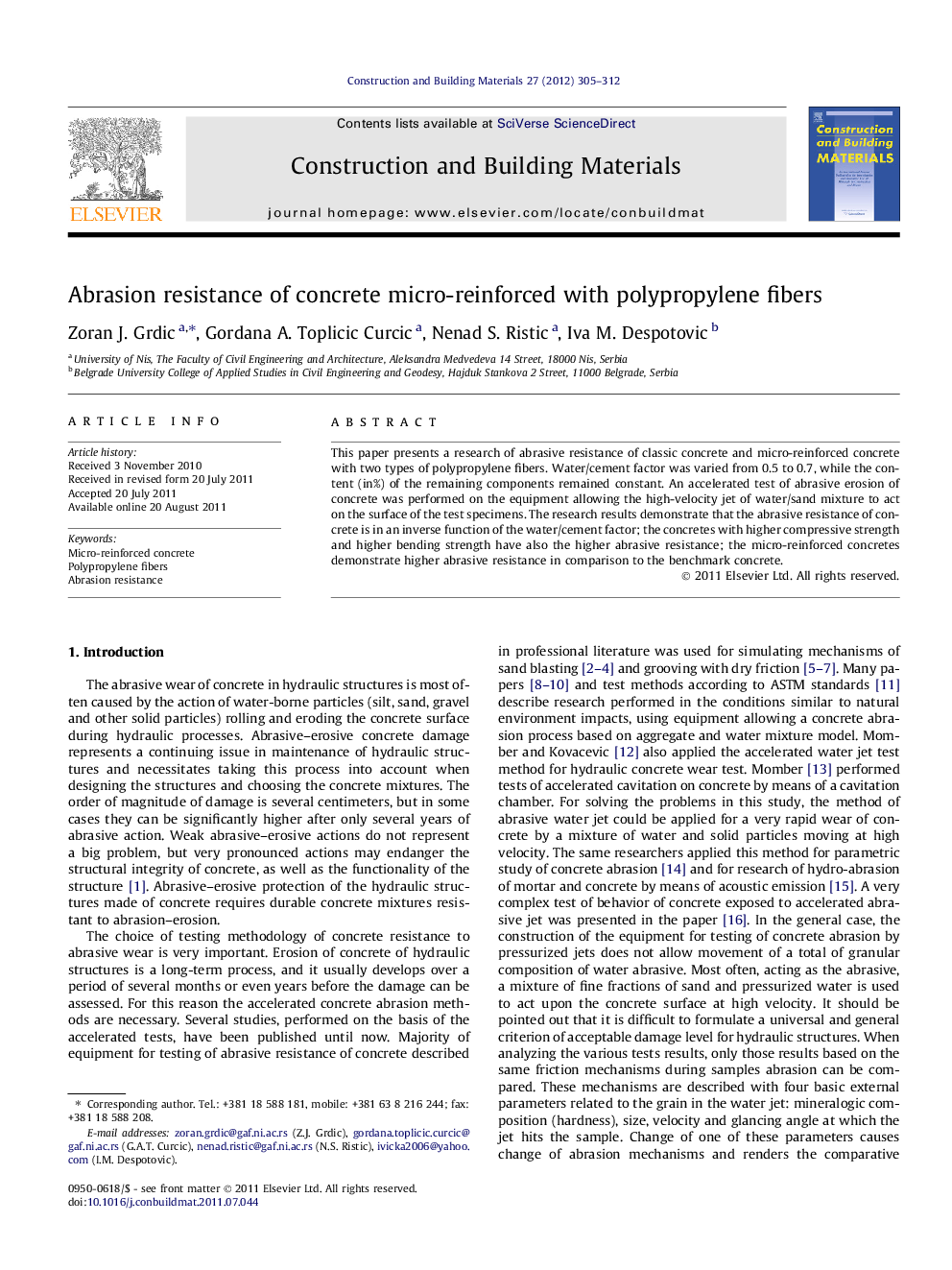 Abrasion resistance of concrete micro-reinforced with polypropylene fibers