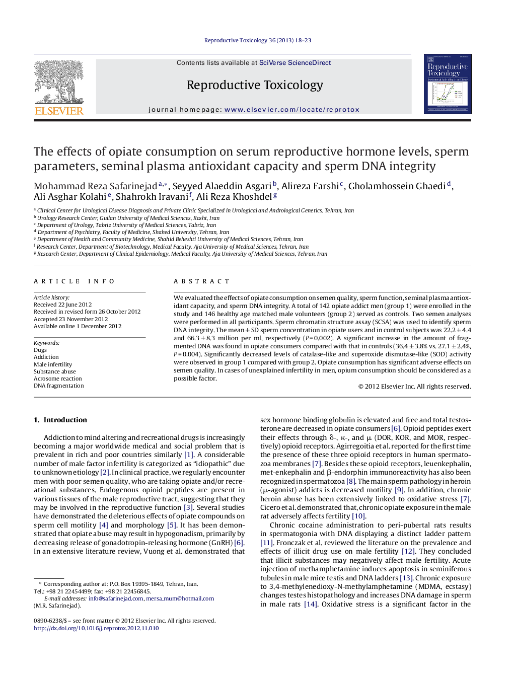 The effects of opiate consumption on serum reproductive hormone levels, sperm parameters, seminal plasma antioxidant capacity and sperm DNA integrity