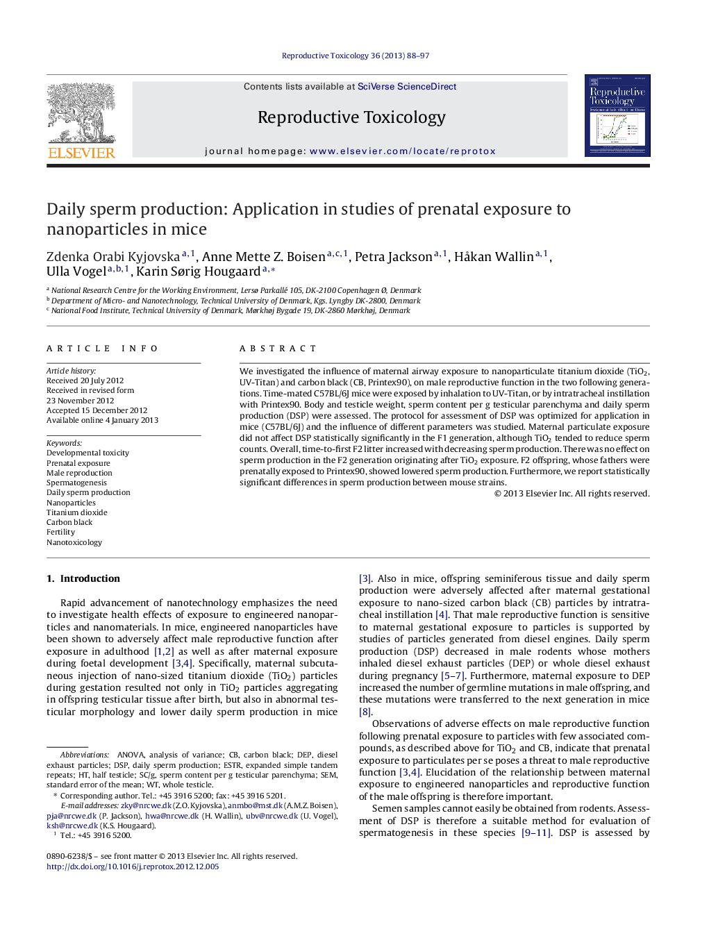 Daily sperm production: Application in studies of prenatal exposure to nanoparticles in mice