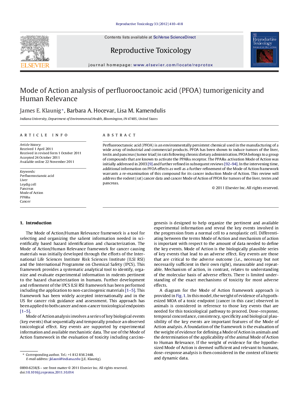 Mode of Action analysis of perfluorooctanoic acid (PFOA) tumorigenicity and Human Relevance