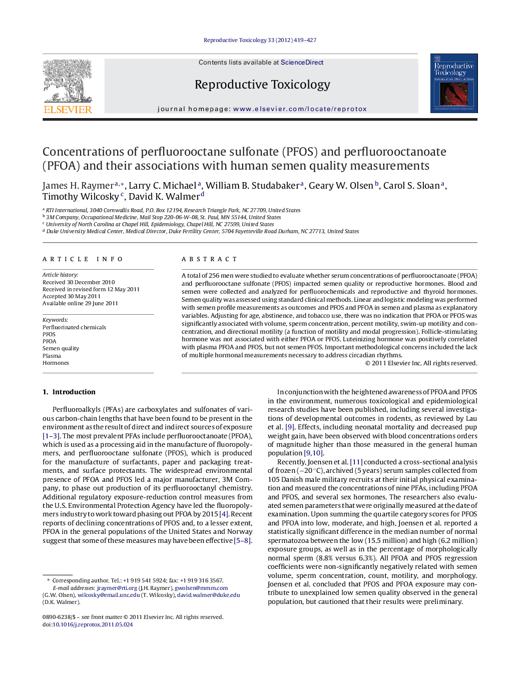 Concentrations of perfluorooctane sulfonate (PFOS) and perfluorooctanoate (PFOA) and their associations with human semen quality measurements