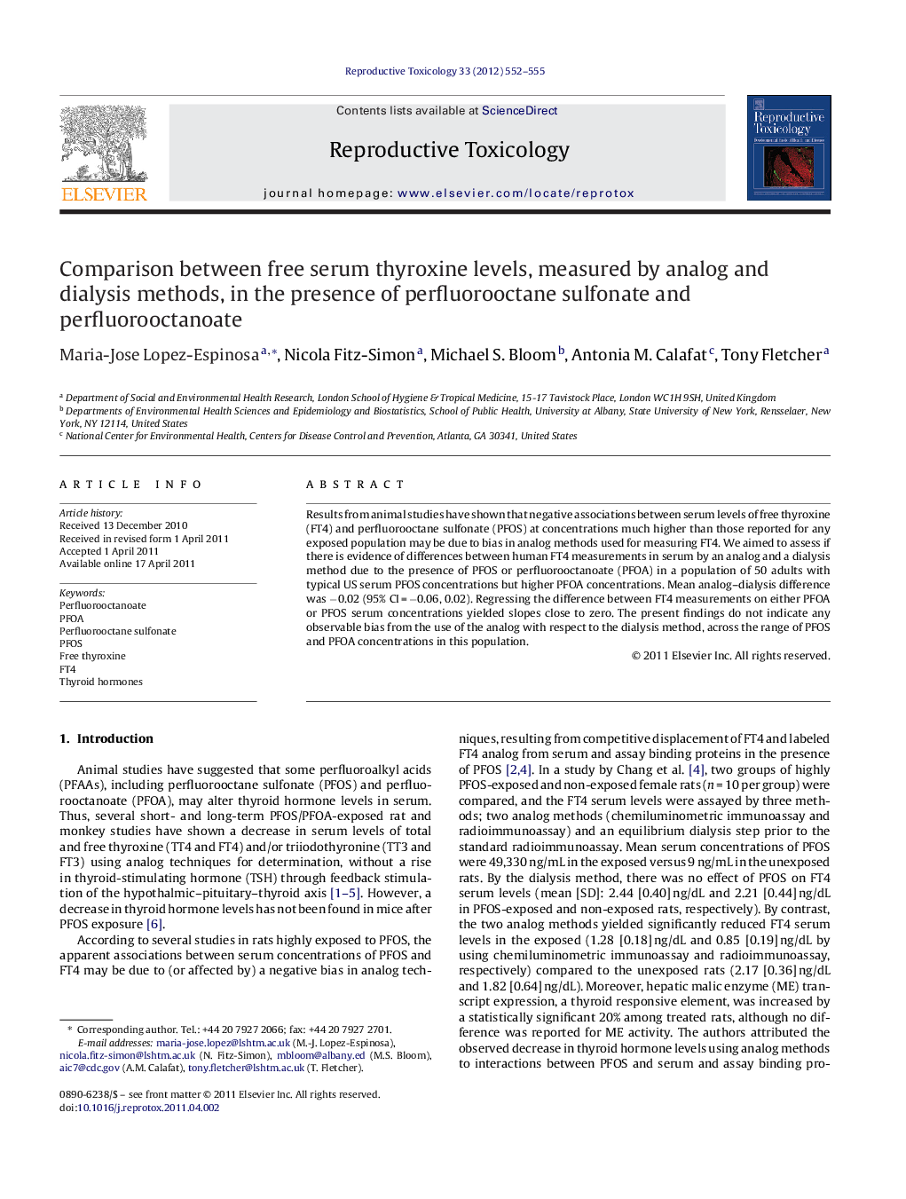 Comparison between free serum thyroxine levels, measured by analog and dialysis methods, in the presence of perfluorooctane sulfonate and perfluorooctanoate