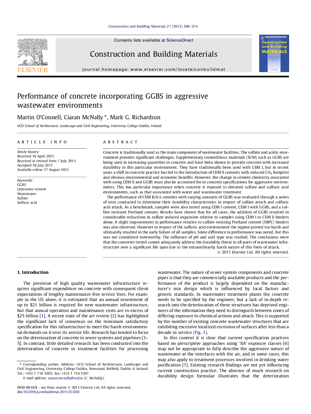 Performance of concrete incorporating GGBS in aggressive wastewater environments