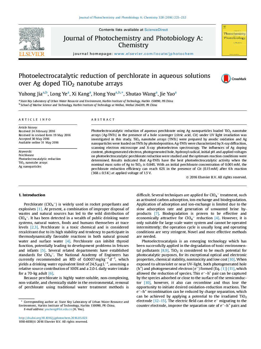 Photoelectrocatalytic reduction of perchlorate in aqueous solutions over Ag doped TiO2 nanotube arrays