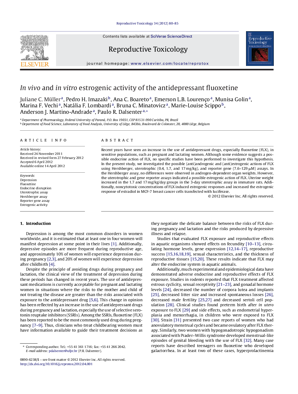 In vivo and in vitro estrogenic activity of the antidepressant fluoxetine