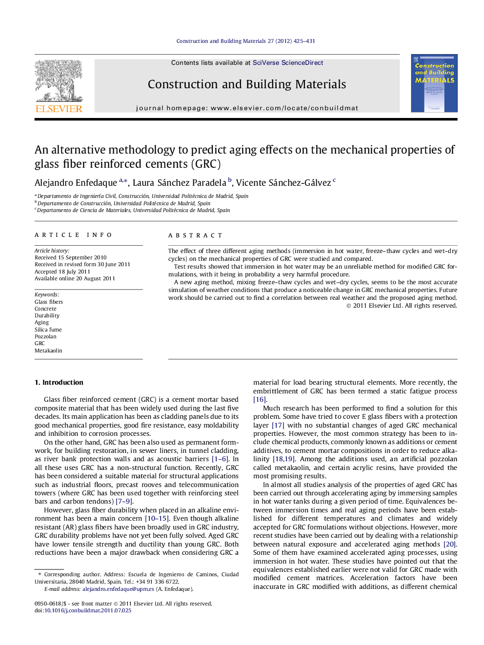 An alternative methodology to predict aging effects on the mechanical properties of glass fiber reinforced cements (GRC)