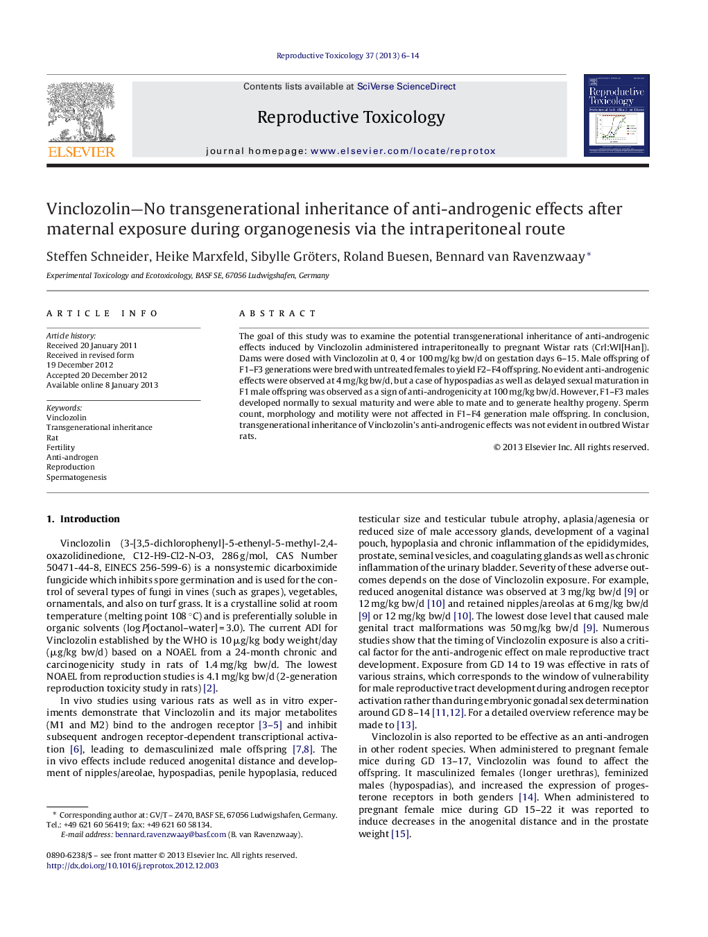 Vinclozolin—No transgenerational inheritance of anti-androgenic effects after maternal exposure during organogenesis via the intraperitoneal route