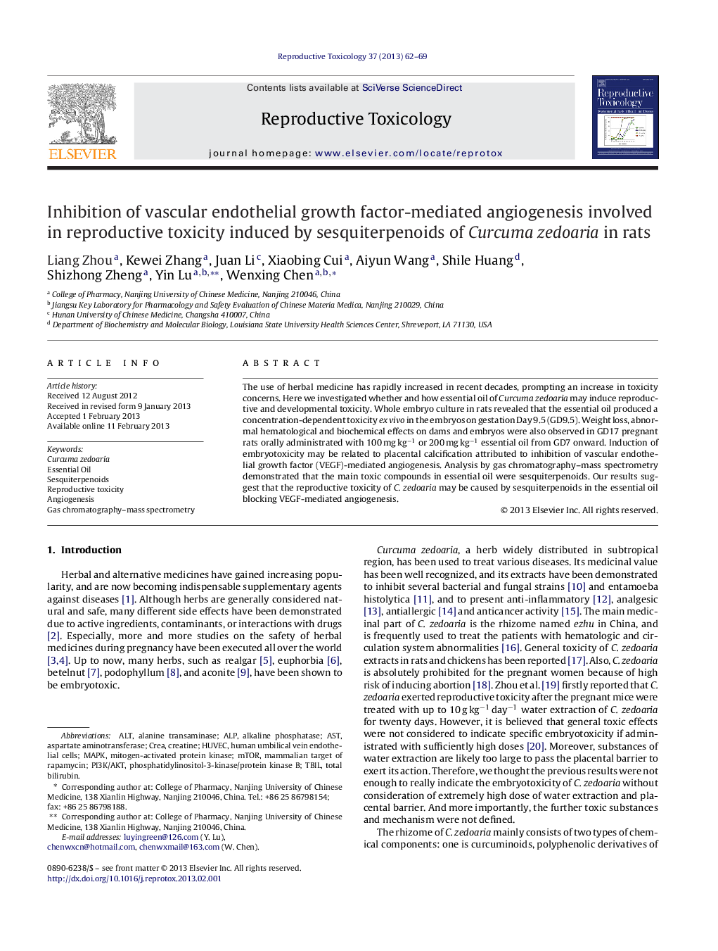 Inhibition of vascular endothelial growth factor-mediated angiogenesis involved in reproductive toxicity induced by sesquiterpenoids of Curcuma zedoaria in rats