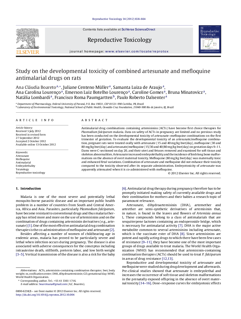 عکس صفحه اول مقاله: Study on the developmental toxicity of combined artesunate and mefloquine antimalarial drugs on rats Study on the developmental toxicity of combined artesunate and mefloquine antimalarial drugs on rats