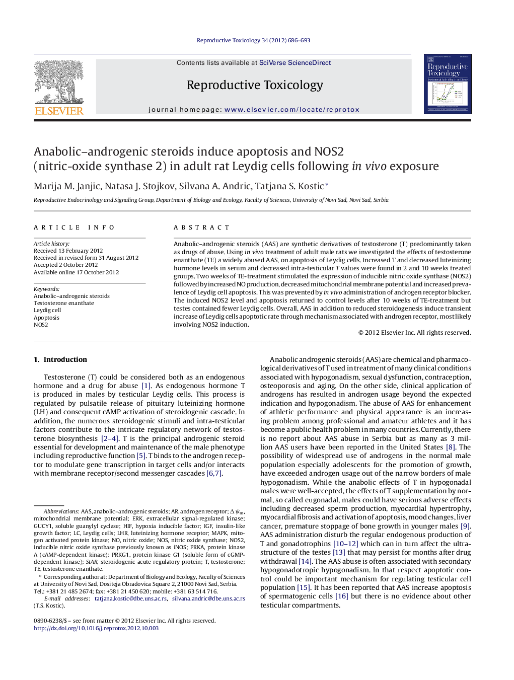 Anabolic–androgenic steroids induce apoptosis and NOS2 (nitric-oxide synthase 2) in adult rat Leydig cells following in vivo exposure