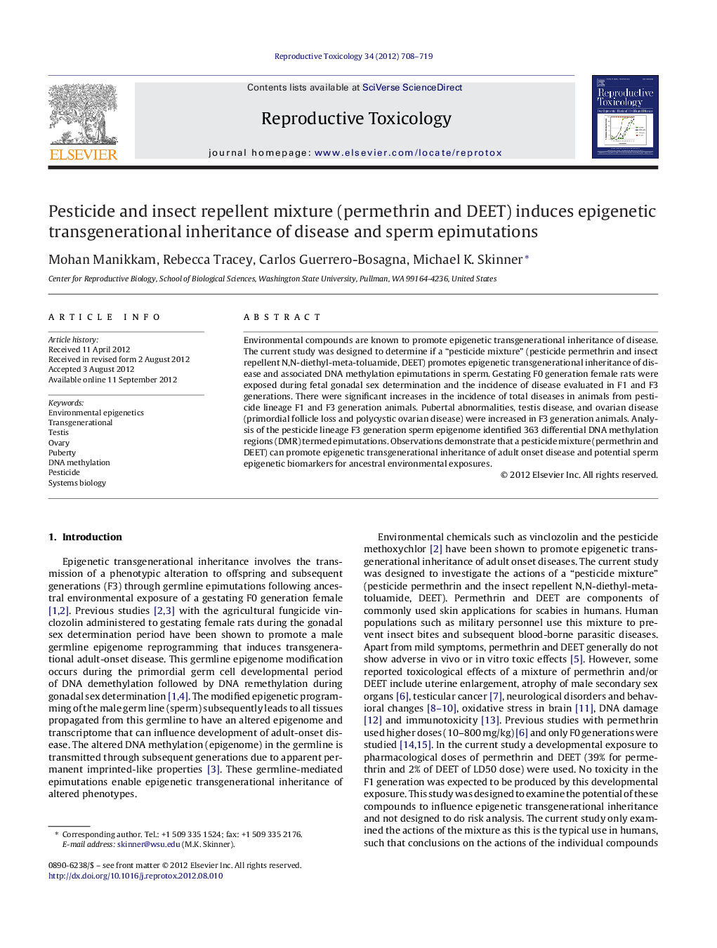 Pesticide and insect repellent mixture (permethrin and DEET) induces epigenetic transgenerational inheritance of disease and sperm epimutations