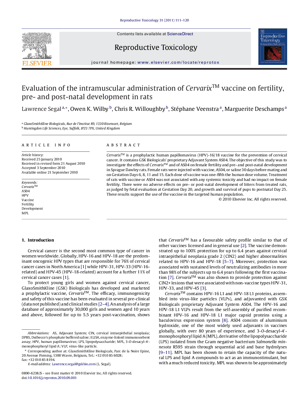 Evaluation of the intramuscular administration of Cervarix™ vaccine on fertility, pre- and post-natal development in rats