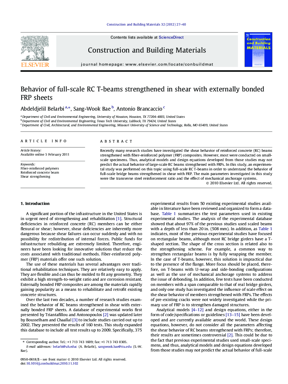 Behavior of full-scale RC T-beams strengthened in shear with externally bonded FRP sheets