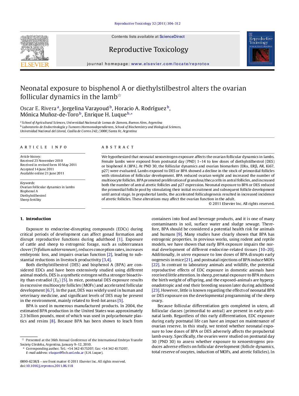 Neonatal exposure to bisphenol A or diethylstilbestrol alters the ovarian follicular dynamics in the lamb 