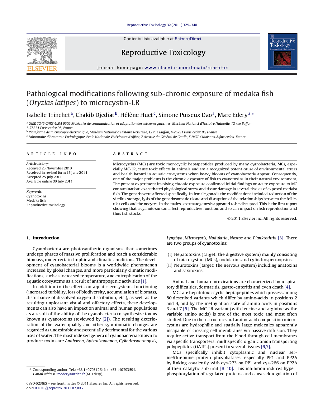 Pathological modifications following sub-chronic exposure of medaka fish (Oryzias latipes) to microcystin-LR