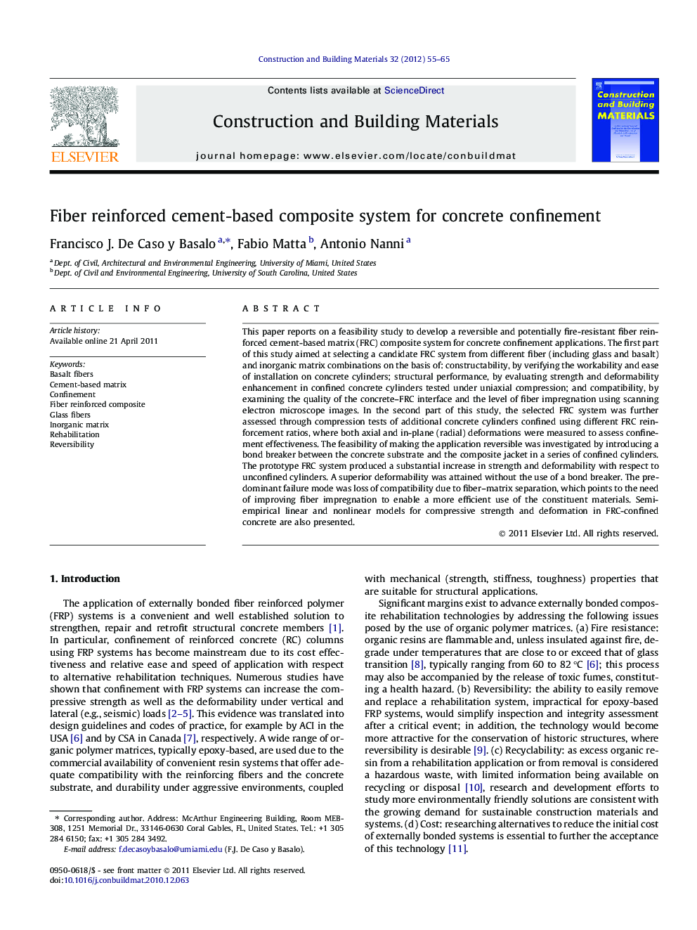 Fiber reinforced cement-based composite system for concrete confinement