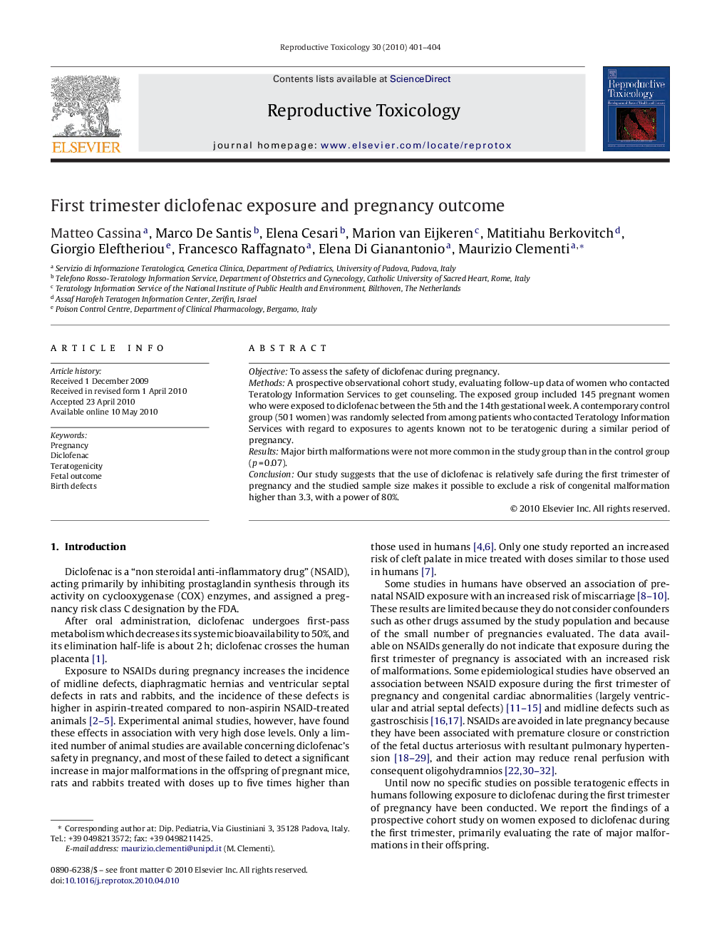 First trimester diclofenac exposure and pregnancy outcome