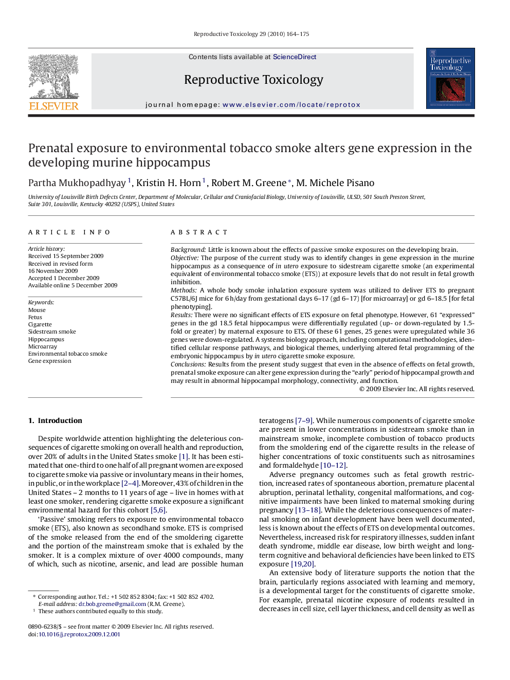 Prenatal exposure to environmental tobacco smoke alters gene expression in the developing murine hippocampus