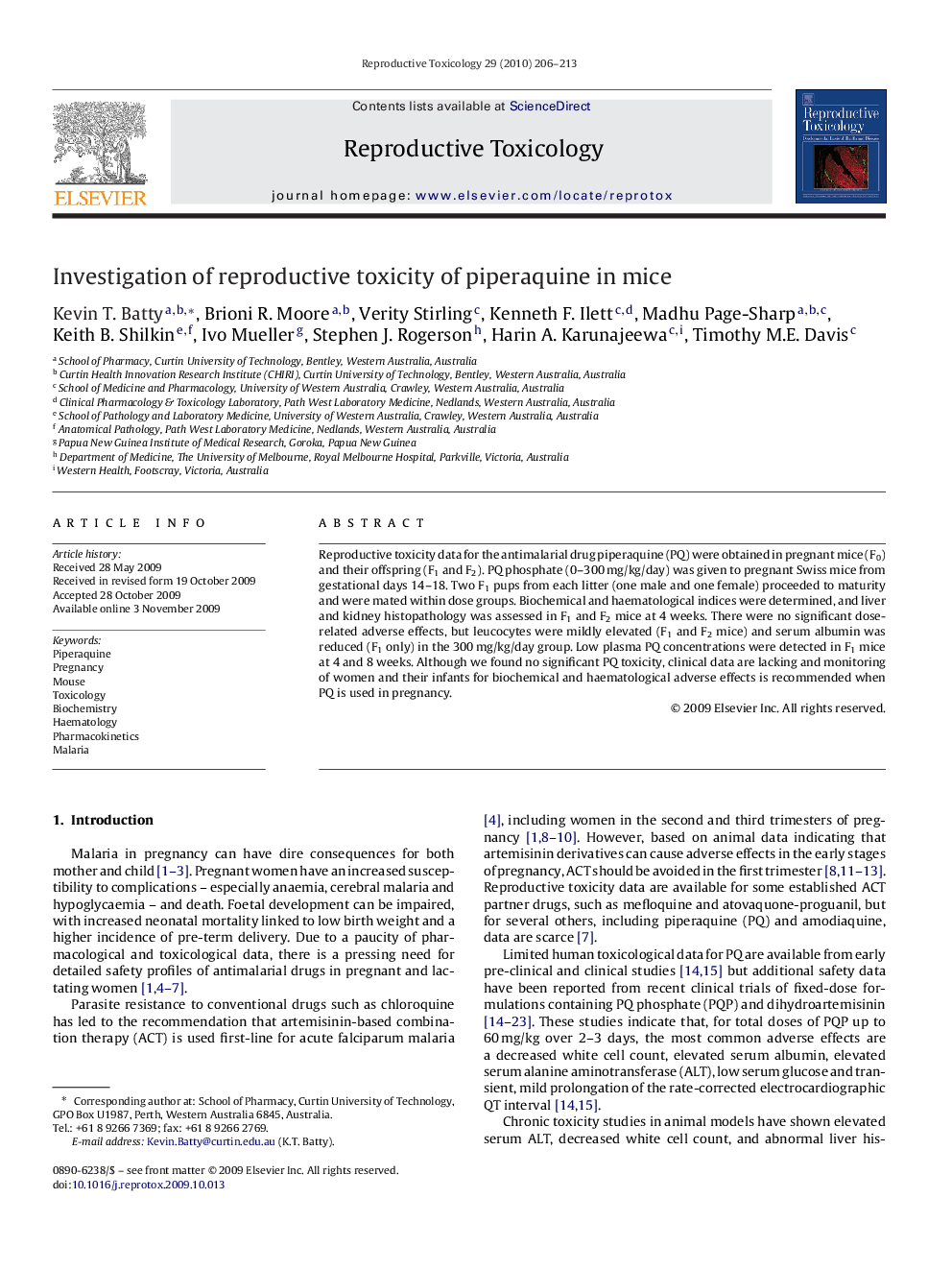 Investigation of reproductive toxicity of piperaquine in mice