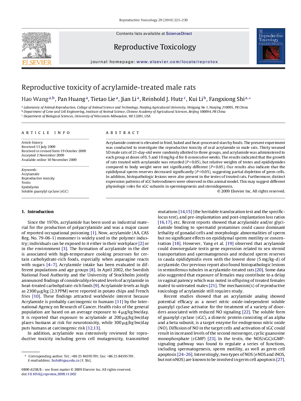 Reproductive toxicity of acrylamide-treated male rats