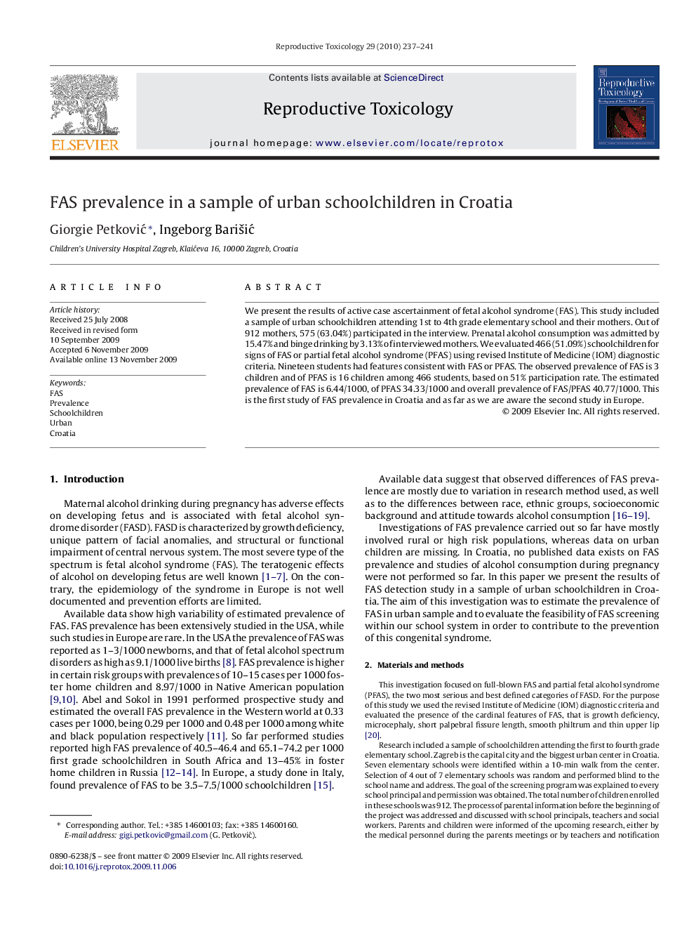 FAS prevalence in a sample of urban schoolchildren in Croatia