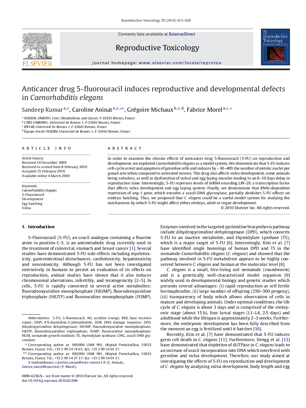 Anticancer drug 5-fluorouracil induces reproductive and developmental defects in Caenorhabditis elegans