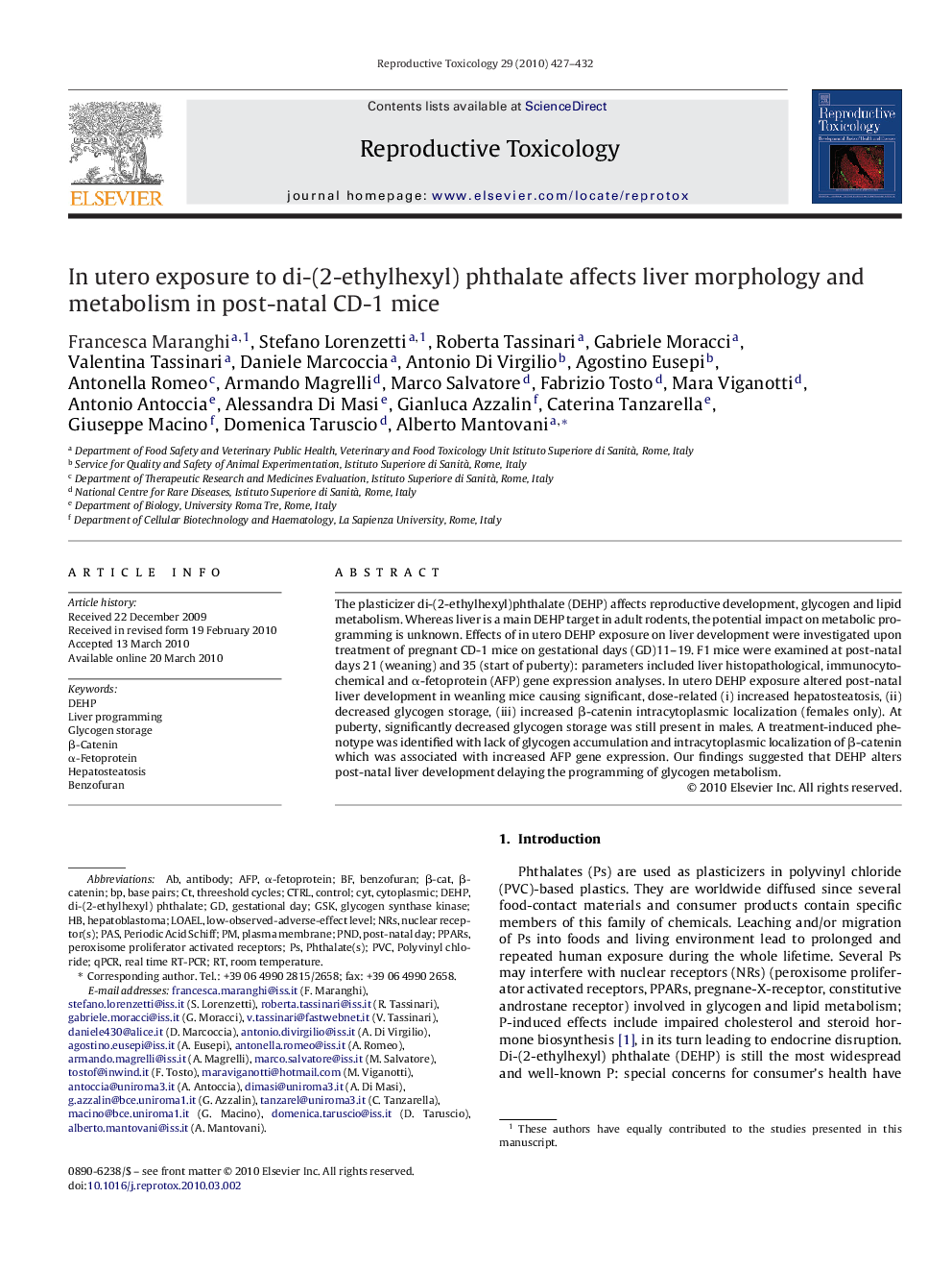 In utero exposure to di-(2-ethylhexyl) phthalate affects liver morphology and metabolism in post-natal CD-1 mice