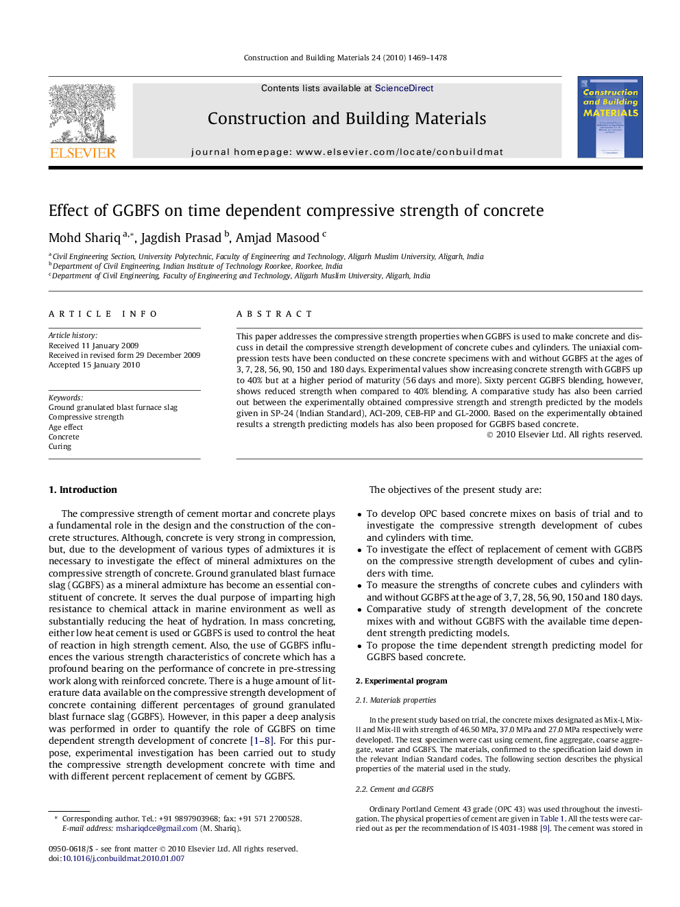 Effect of GGBFS on time dependent compressive strength of concrete