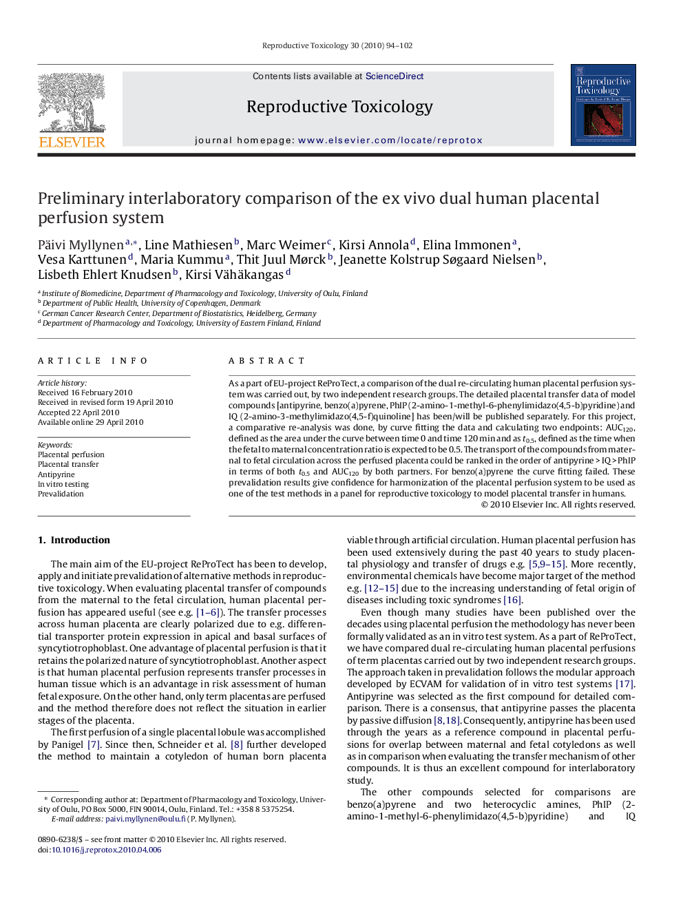 Preliminary interlaboratory comparison of the ex vivo dual human placental perfusion system