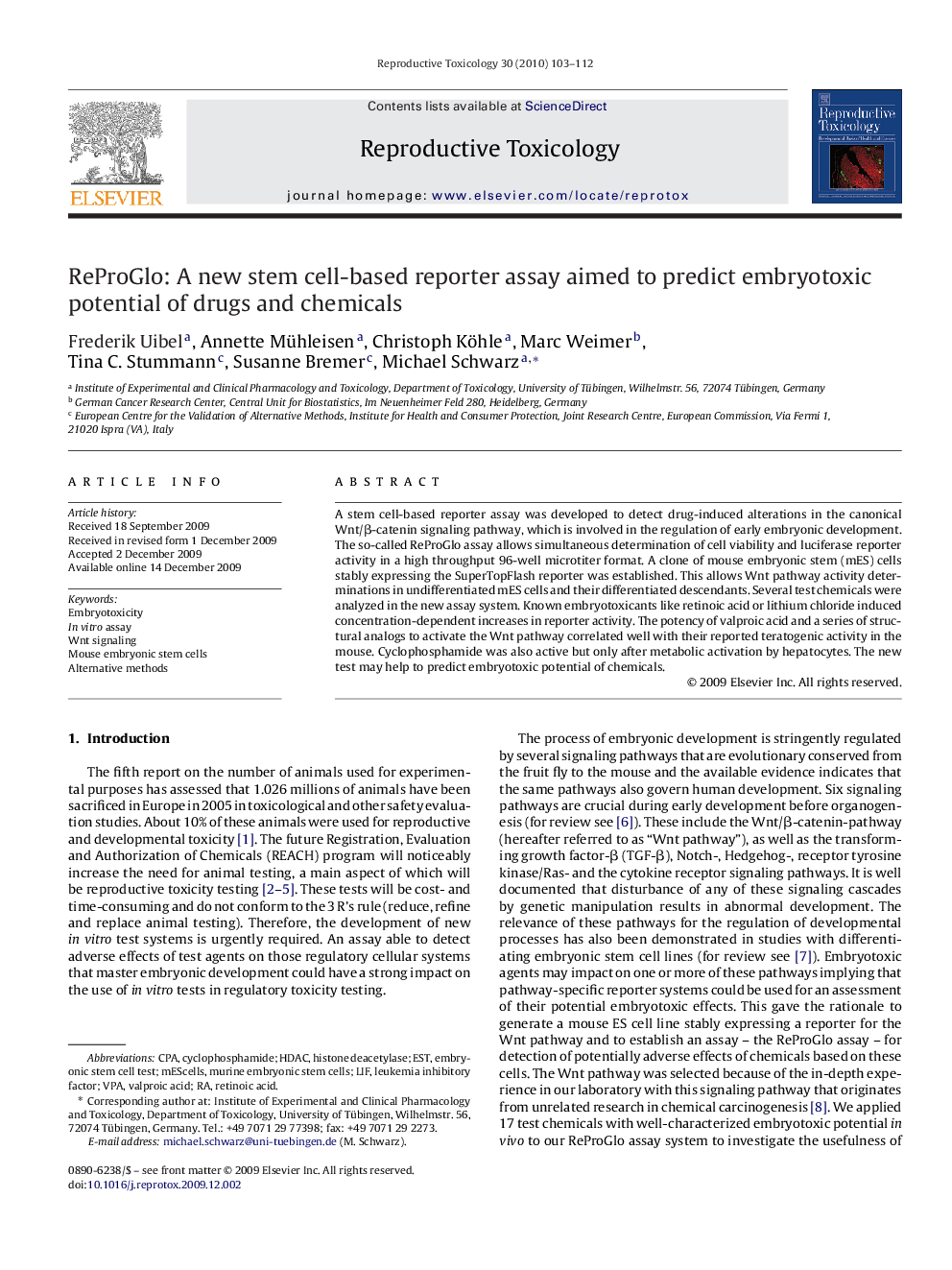 ReProGlo: A new stem cell-based reporter assay aimed to predict embryotoxic potential of drugs and chemicals