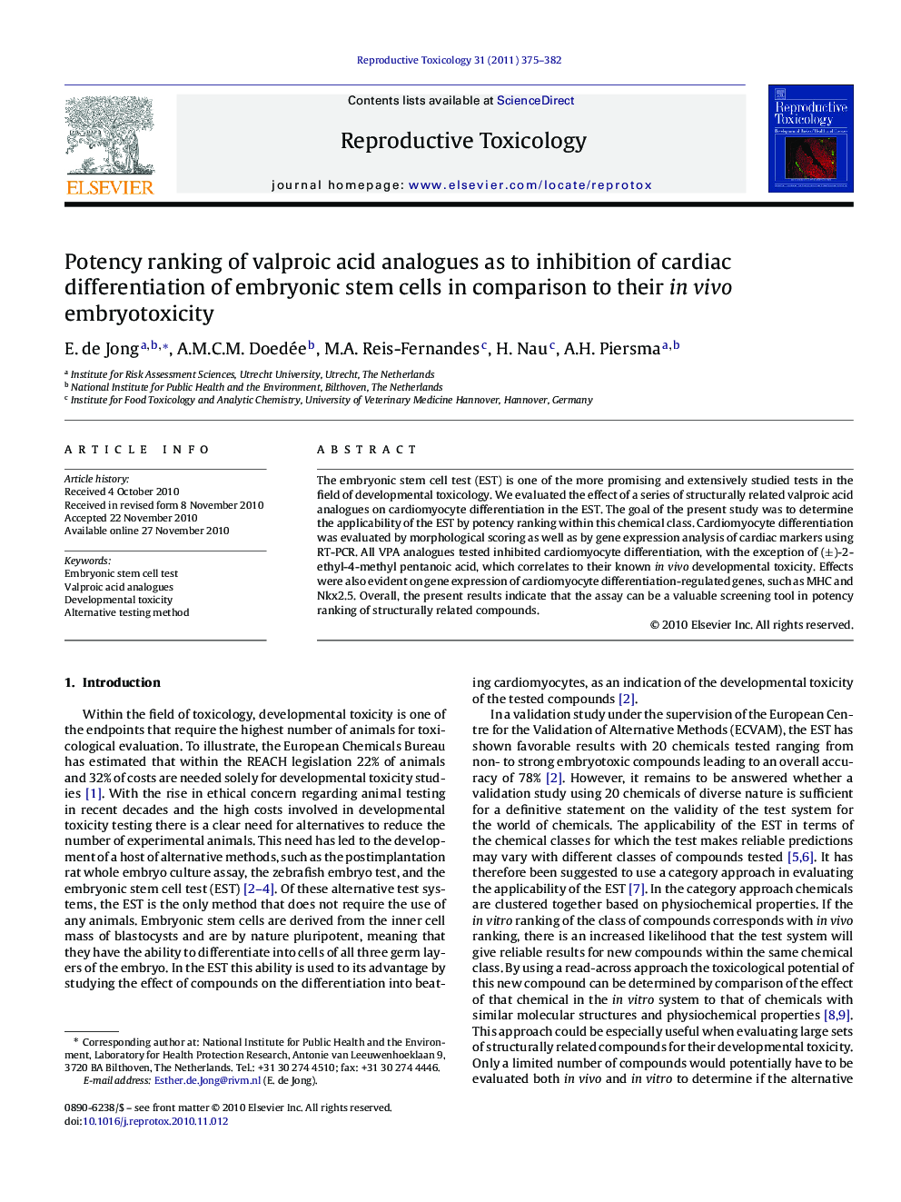 Potency ranking of valproic acid analogues as to inhibition of cardiac differentiation of embryonic stem cells in comparison to their in vivo embryotoxicity