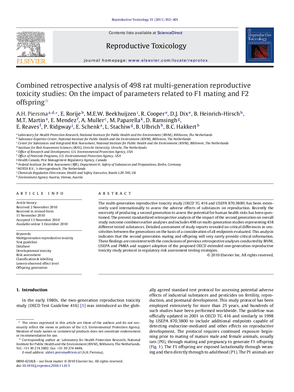 Combined retrospective analysis of 498 rat multi-generation reproductive toxicity studies: On the impact of parameters related to F1 mating and F2 offspring 