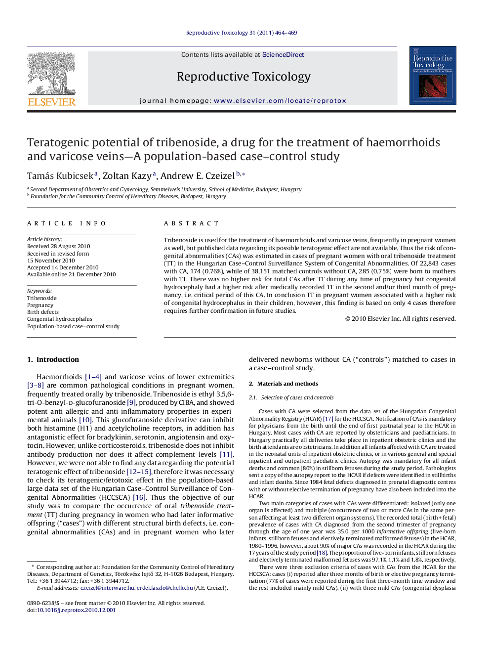 Teratogenic potential of tribenoside, a drug for the treatment of haemorrhoids and varicose veins—A population-based case–control study