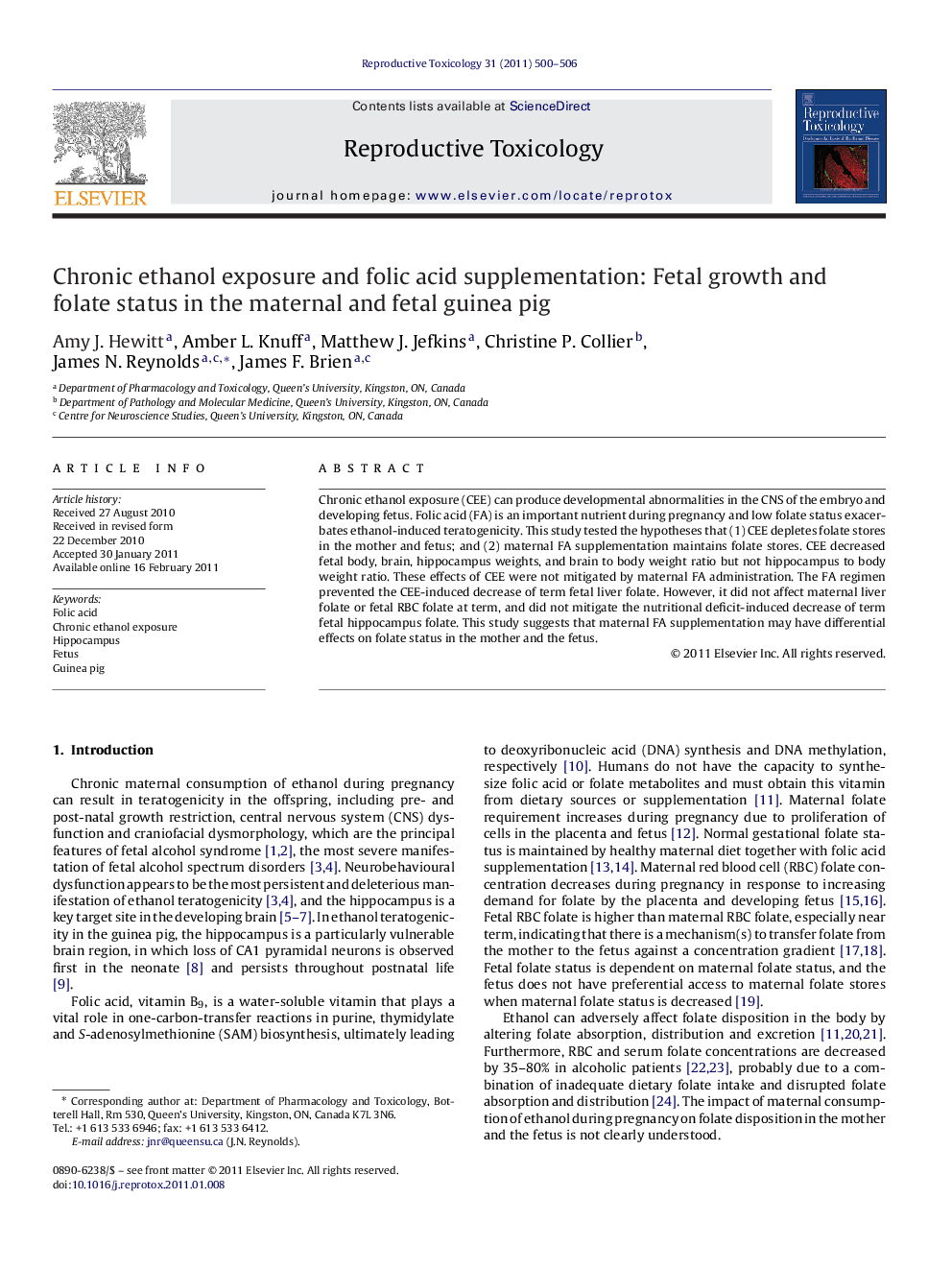 Chronic ethanol exposure and folic acid supplementation: Fetal growth and folate status in the maternal and fetal guinea pig