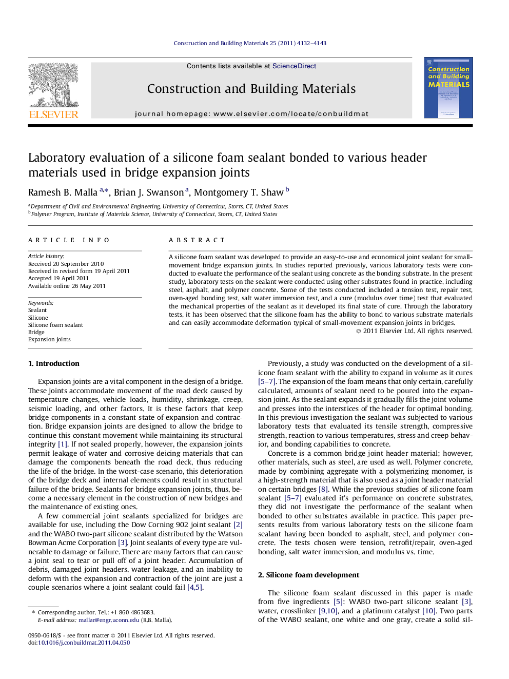 Laboratory evaluation of a silicone foam sealant bonded to various header materials used in bridge expansion joints